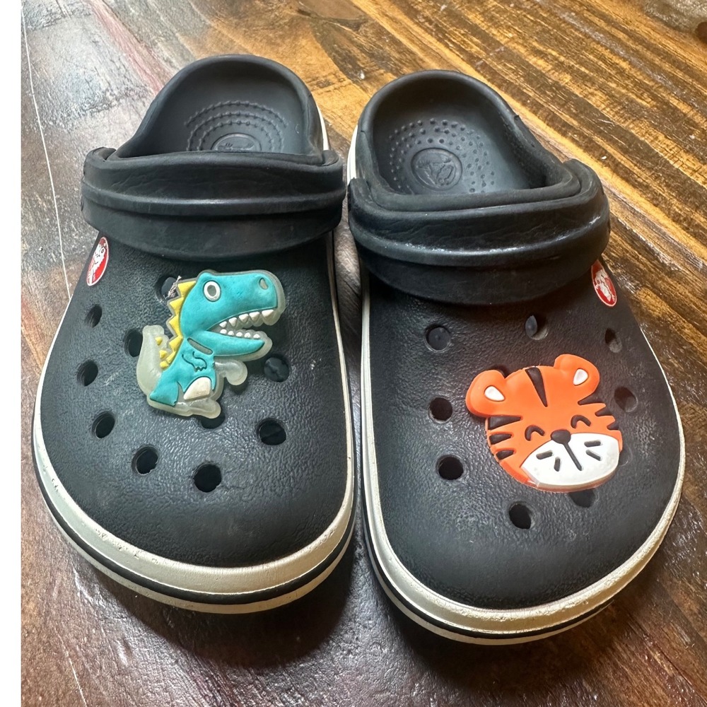Crocs Kids Crocband Black Clogs Dinosaur Tiger Jibbitz Size C7 Toddler Child 7